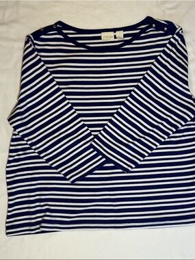 Chico's Navy & White Striped 3/4 Sleeve Top with Shoulder Buttons
Size 3 (XL)